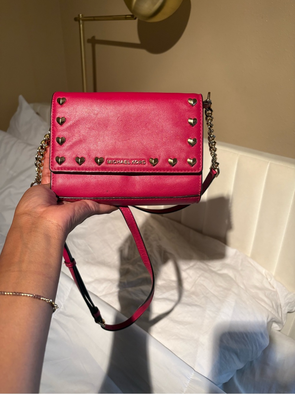 Michael Kors Hot Pink Leather Crossbody with Gold Heart Studs